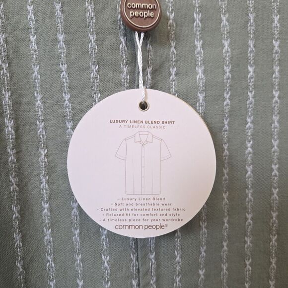 NWT COMMON PEOPLE Harris Shirt Linen Blend SS Sage Green Stripe Mens S MSRP $179 - Picture 6 of 13